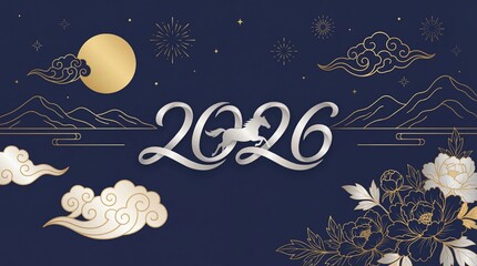 2026 Year of the Horse Chinese New Year Background with Moon Clouds and Peony Flowers, Elegant 2026 Lunar New Year Banner with White Script Text and Golden Line Art