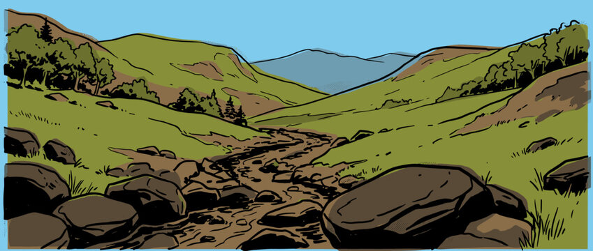 Bold comic book style illustration of a rocky stream bed winding through a lush green mountain valley with distant peaks under a clear blue sky