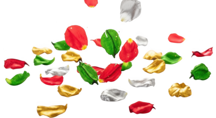 Red green and gold flower petals falling against png isolated transparent background black background