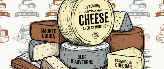 Beautiful hand-drawn assortment of artisanal cheeses features various wheels and blocks in a vintage woodcut style with retro typography and textures