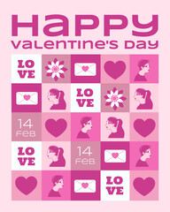 Modern Pop Art Grid Valentine. Features a pink mosaic of couple silhouettes, hearts, flowers, and love letters. Ideal for trendy greeting cards, vertical banners, and romantic digital marketing.
