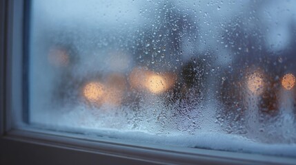Close-up of a window with raindrops on it. the raindrops are scattered across the glass, creating a textured pattern.