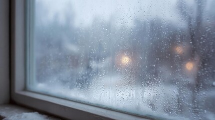 Close-up of a window with raindrops on it. the window appears to be in a room with a white wall and a window sill. the raindrops are scattered across the glass, creating a textured pattern.