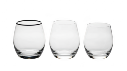 Collection of three transparent empty glass tumblers with rounded shape and smooth surface on plain background isolated on transparent background