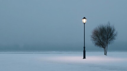 Street lamp post on a frozen lake. the lamp post is black and has a lantern on top. the sky is a pale blue color and the water is a deep blue-green color.