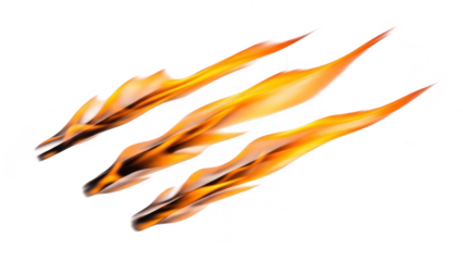 Dynamic image of five elongated flaming flames with bright orange and yellow hues on a plain background isolated on transparent background