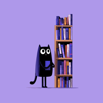Playful cartoon character reading in a modern library
