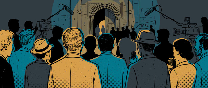 Crowd of retro-style reporters and journalists with cameras and microphones gathers at night outside a building, waiting for a major announcement in a dramatic comic illustration