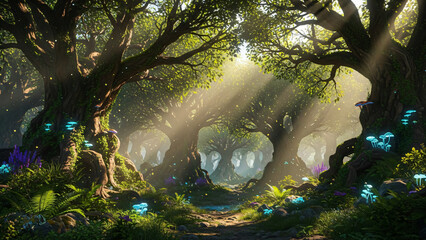 Mystical Forest with Glowing Mushrooms and Sunlight.