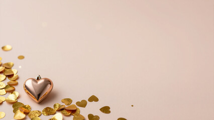 Rose Gold Heart Ornament With Gold Confetti On Pink Background - Valentines Day Concept