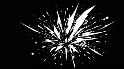 Fototapeta premium A dynamic white burst of light or liquid splattering outwards from a central point on a stark black background, creating a high-contrast abstract effect.