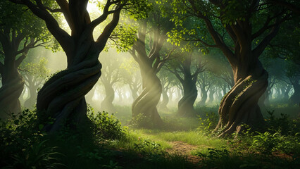 Mystical Forest with Twisted Trees and Fog.
