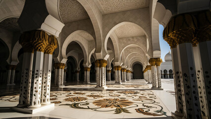 Ornate Mosque Interior with Arches and Columns.