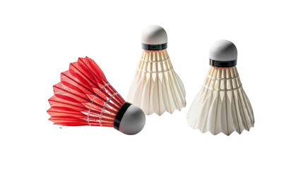 Pair of badminton shuttlecocks with white feathers and black rubber tips on transparent background