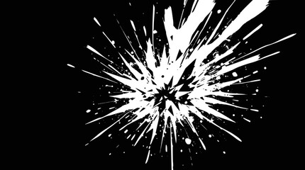 Obraz premium A dynamic white starburst explosion or splatter graphic on a solid black background, creating a striking abstract visual effect.