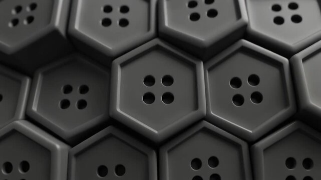 A close-up view presents an arrangement of hexagonal shapes, each featuring four small circular holes. The muted gray tones evoke a sense of minimalism
