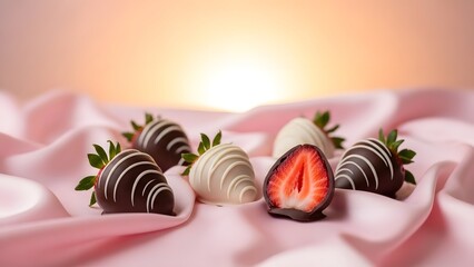 Delicious chocolate covered strawberries arranged on a soft pink fabric background