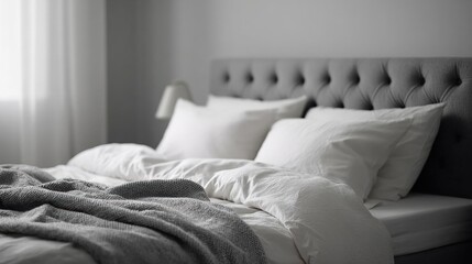 Black and white photograph of a bed in a bedroom. the bed has a tufted headboard and is covered with white sheets and pillows.