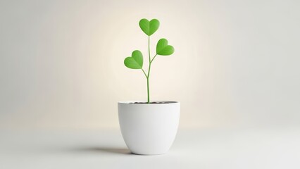 Heart shaped leaves sprout from modern white pot
