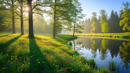 Serene Lake Scene with Trees and Wildflowers 1.