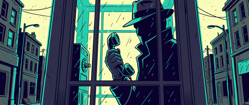 Silhouetted detective in a trench coat and fedora hat holds a telephone receiver inside a rainy phone booth on a city street in a noir comic book illustration