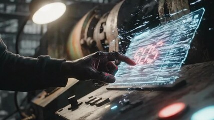 Futuristic Industrial Control Panel with Holographic Display and Hand Interaction. - Powered by Adobe