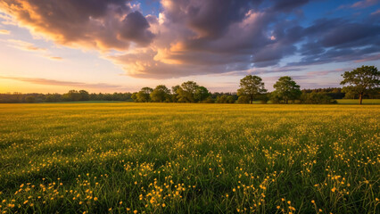 Serene Meadow with Wildflowers at Sunset.