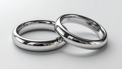 Two shiny wedding bands, reflecting on white surface