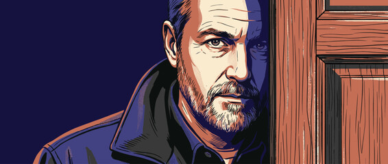 Serious middle-aged man with a beard peeks from behind a wooden door, his intense gaze creating a mysterious and dramatic mood in a comic book illustration style