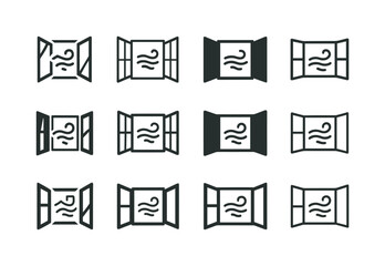 Fresh Air Icons. Opening the windows for fresh air. Icon set. Set Logo of opening the windows for fresh air: peaceful indoor air flow. harmonious