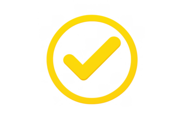 Yellow check mark inside a circle confirming successful completion, approval, and verification, with transparent background