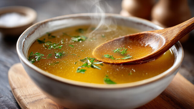 Steaming bowl of broth with parsley and a wooden spoon.