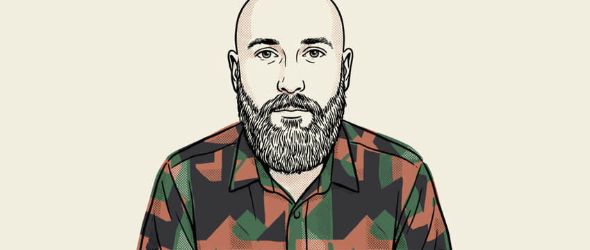Hand-drawn comic book style portrait of a bald man with a beard wearing a camouflage shirt, depicted with a serious expression and halftone dot shading for a retro feel