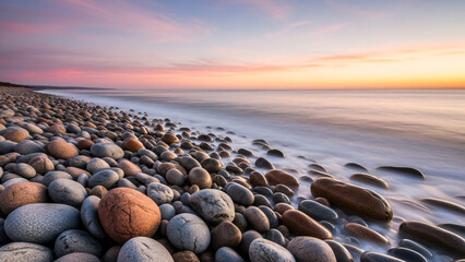 Serene Rocky Beach at Sunset with Calm Waters.