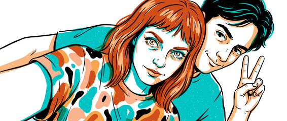 Young happy illustrated couple taking a selfie together, with the red-haired woman looking forward and the smiling man behind her making a peace sign gesture