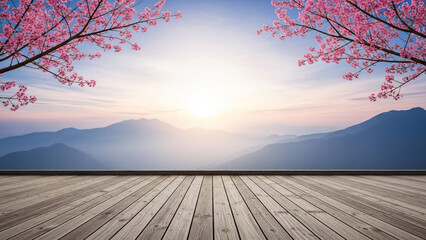 Serene Wooden Deck with Cherry Blossoms at Sunrise.