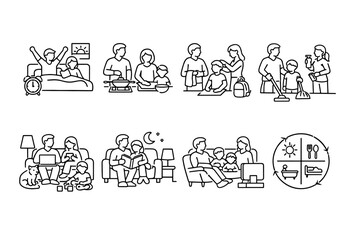 Family daily routine line art illustrations depicting various activities
