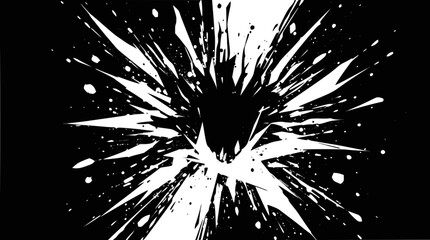 Obraz premium A dynamic black and white abstract graphic depicting a central explosion or ink splash with radiating sharp lines and splatters.