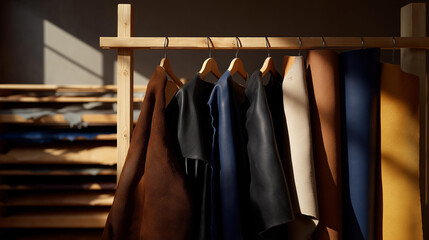 Workshop scene with rolls of leather hides hanging on racks, natural textures and color variations emphasizing raw materials and sustainable sourcing. cinematic color correction, natural uneven