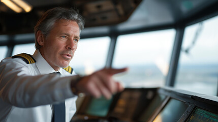 Air traffic controller guiding aircraft during heavy fog conditions, runway visibility low, representing safety protocols and instrument-based navigation. cinematic color correction, natural uneven