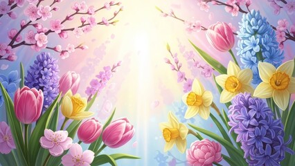 Vibrant spring flowers blooming under warm sunny light