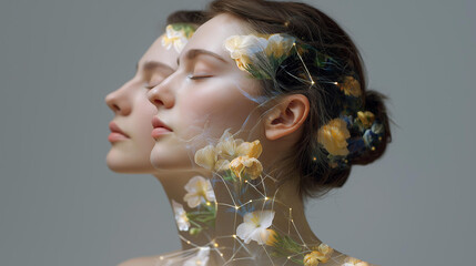 A woman’s profile double-exposed with blooming flowers and neural light patterns, symbolizing personal growth, emotional intelligence, and mental health awareness. cinematic color correction,