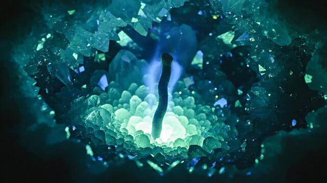 Bioluminescent Candle Flame Illuminating a Hollowed Geode Filled With Crystalline Formations, Macro