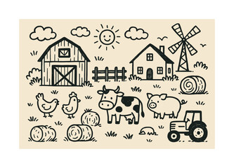 Naklejka premium Barnyard Doodle Scene. Barnyard. Hand-drawn doodle illustration Barnyard barn, farmhouse, chicken, cow, pig, hay bale, fence, tractor, windmill, sun icon,