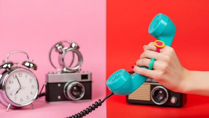Pop art photography. Retro objects, gadgets. Female hand holding handset of vintage phone isolated on pink and red background. Vintage, retro fashion style