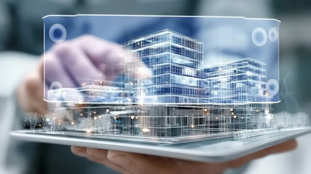 In the engineer's hand, a futuristic 3D building model floats over a tablet.