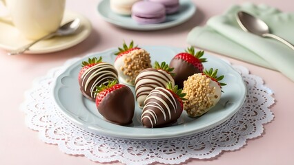 Chocolate covered strawberries macarons and a cup of tea for a sweet treat