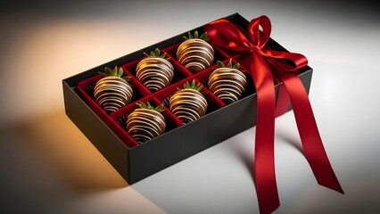 Chocolate covered strawberries arranged in a black gift box with a red ribbon