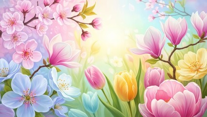 Vibrant spring flowers in colorful garden with sunshine