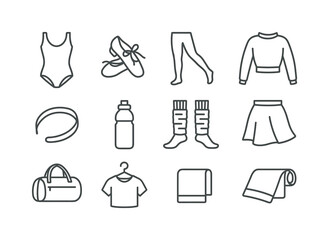 Fototapeta premium Dancewear Icon Set. Dancewear & Accessories. Line icon set of Dancewear & Accessories: leotard, dance shoes, tights, warm-up sweater, headband, water bottle,